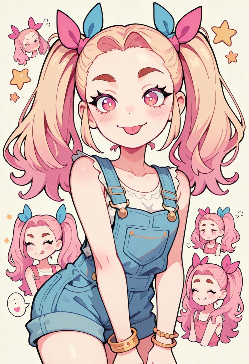 1 girl , solo , blushing , tongue out , closed mouth , bratty smile , thick eyebrow , eyelashes , cute , twintails , winking , star , sleeveless , bracelet , overalls , ribbon , hair ribbon ,
masterpiece, best quality ,amazing quality ,S4bit4mago_illu , Protoneon ,s0wasow4rt_illu, t1m3r