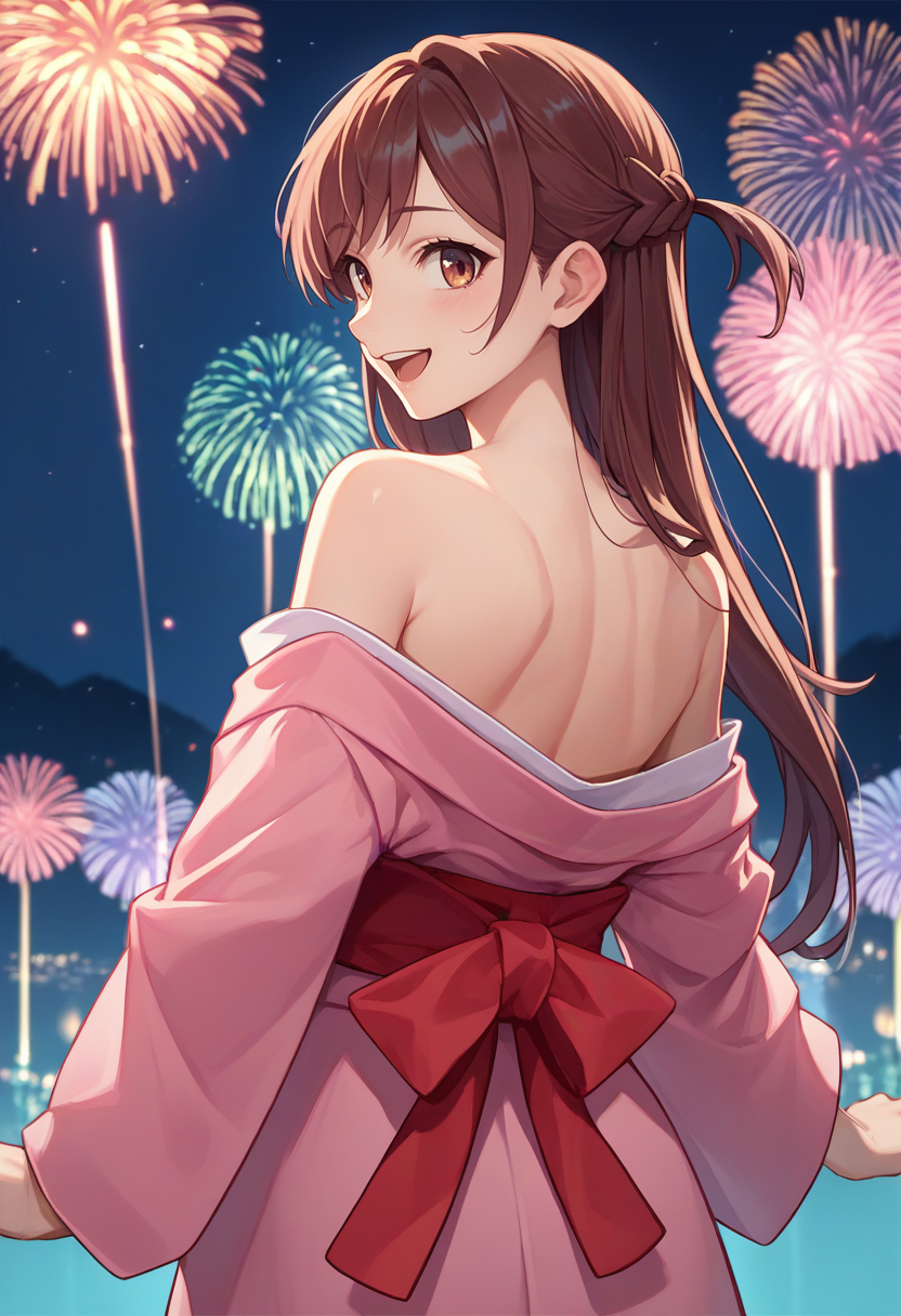 score_9, score_8_up, score_7_up, source_anime, from behind, solo, 1girl, mizuhara chizuru, happy, looking back, braid, one side up, pink kimono, off shoulder, red sash, bare shoulders, fireworks <lora:rentagirlfriend_mizuhara_ponyXL:1>