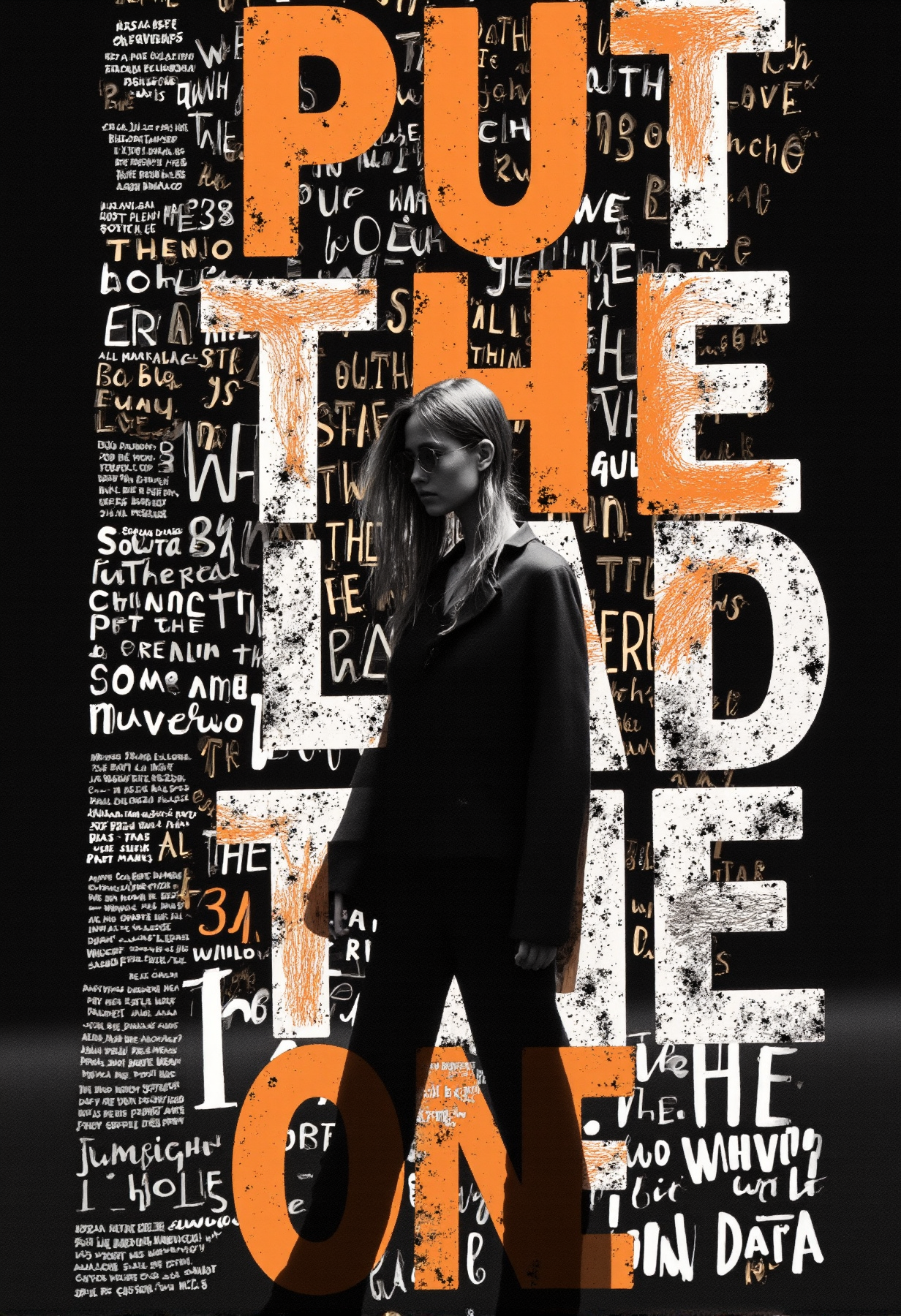 Create an image featuring a bold and dynamic composition with large, overlapping text in a modern, sans-serif font. The text includes phrases like "PUT THE," "grande," "John," "PN in," "Fant," "your," "Sand," "HAND," "the," "BREATH," "I've," "taken," "THE," "and," "THESO," "THE ONE," "thuis," "I mustto," "FROM," and "MATIPA." The text is arranged in a chaotic yet visually appealing manner, with varying sizes and angles, creating a sense of movement and energy. In the center of the composition, a stylish young woman stands confidently, interacting with the text as if it is part of her environment. She has a modern, minimalist look, wearing sleek, contemporary clothing. The background is simple and dark, allowing the text and the woman to stand out. The overall aesthetic is minimalist yet impactful, focusing on the interplay of text, negative space, and the human element.