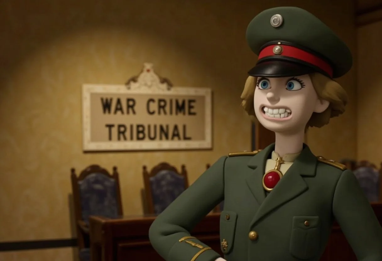 score_9,rating_safe,(claymation,made of clay),claymation animation of a smiling and innocent looking TanyaDegurechaff with blonde hair and blue eyes and a tunic and military hat being tried for war crimes in a court,big sign with the words "War Crime Tribunal" on the wall