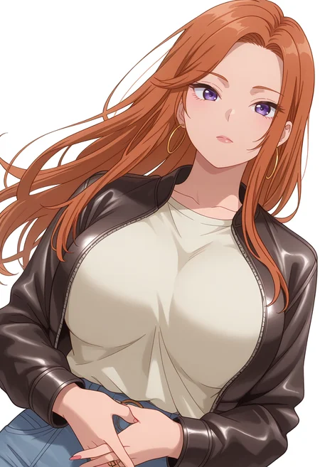 Smooth Quality,masterpiece,beautiful aesthetic, very intricate, high quality details, ultra realistic, high detailed skin,
simple background, white background,
dynamic angle,ohikaenasutte,:i,
hot pants, ,leather jacket, ,Hand chains, <lora:Fuyuki_Maicnn:0.8> mai/cnn, 1girl, long hair, purple eyes, jewelry, hoop earrings, brown hair, orange hair, large breasts,