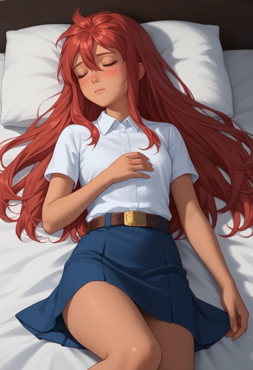 score_9, score_8_up, score_7_up, rating_safe,
best quality, masterpiece, ultra detailed,
<lora:Expressive_H:1>, closed mouth, blush, shy,
sleep,
<lora:Everlasting_Summer_Ulyana_by_GraffMetal:1>, ulyana, red hair, very long hair, hair between eyes, face freckles, body freckles, dark skin,
belt, feet, lying, on side,on the bed, eyes closed, sleeping, white collared shirt, short sleeves, belt, blue skirt, white high socks, short skirt,
amazing background,