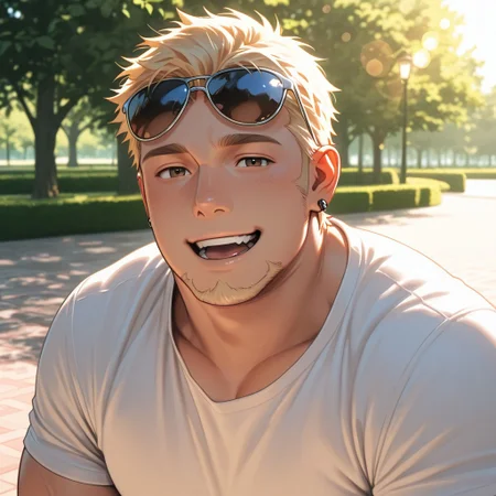 masterpiece, best quality, amazing quality, absurdres, newest, detailed background, definition so sharp, Ultra-HD, 8K cinematic, very awa, impressionate, amazing quality, highres,
solo, male focus, manly,
1boy, short hair, goatee, chubby, rikio_blonde, rikio_brown eyes, rikiokamamoto, sunglasses \(on head\), earrings, sideburns, simple t-shirt, bright lighting, park, sunny day, soft bokeh, gentle, kind eyes, inviting, friendly, joyful, looking at viewer, open mouth smile,