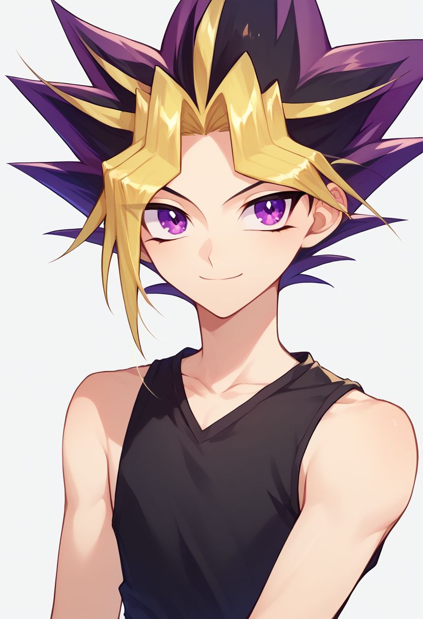 score_9, score_8_up, source_anime, highly detailed, 
yami, 1boy, male focus, blonde hair, solo, purple eyes, multicolored hair, shirt, black shirt, sleeveless, spiked hair, smile
outdoor,  upper body,