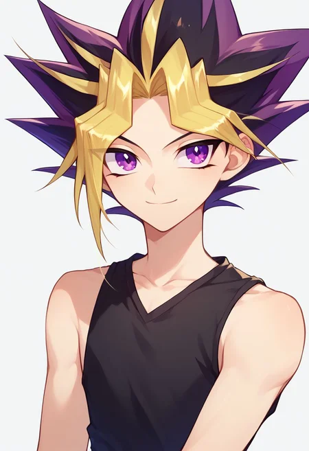 score_9, score_8_up, source_anime, highly detailed,
yami, 1boy, male focus, blonde hair, solo, purple eyes, multicolored hair, shirt, black shirt, sleeveless, spiked hair, smile
outdoor, upper body,