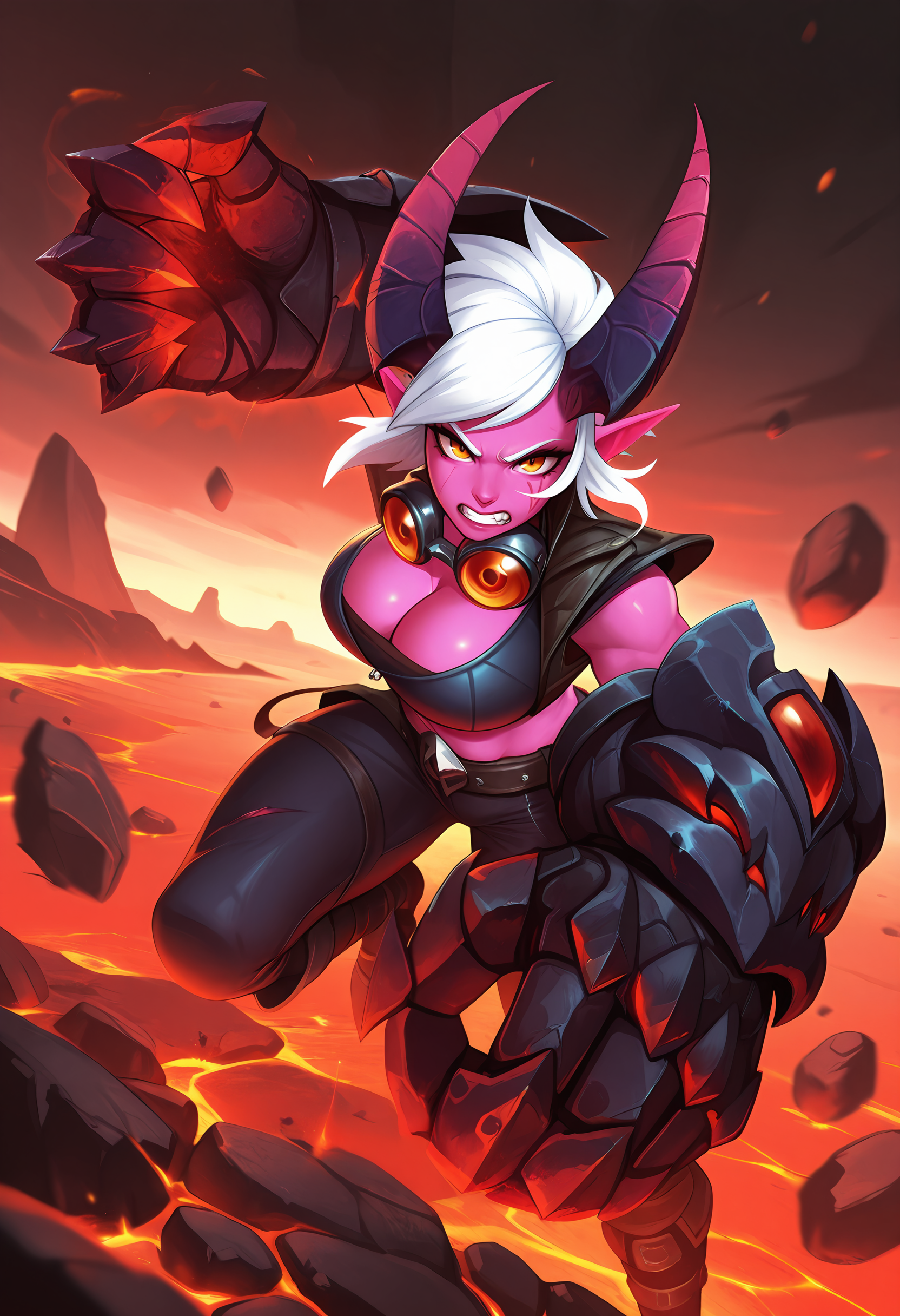 1girl, solo, large breasts, cleavage, wasteland, lava, rock, looking at viewer, clenched teeth, incoming attack,  <lora:DemonViIL-19:1>, demonviil, gauntlets, pointy ears, short hair, white hair, colored skin, pink skin, oversized limbs, gauntlets, pants, demon girl, belt, demon horns, goggles around neck, midriff, masterpiece, best quality, amazing quality,