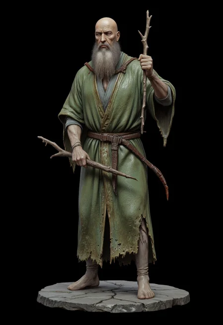 A middle aged green tunic bald wizard holding a small short wooden branch magic wand in his right hand with a spel incantation charing infront of his left hand, the clothes are ragged and torn but pristine
Standing on a flat ground the camera angle is high rotated
Set against a solid dark black color background to emphasize its unnatural form that emphasizes its silhouette. The medium is not a traditional painting or illustrative medium like watercolor or ink but rather a digital 3D rendering.
MikeFranchinastyle, bbstyle,, horror theme,, ZBClay model of a gray sculpture, zbrush, d4arks0uls, overcast lighting, jedioutfit