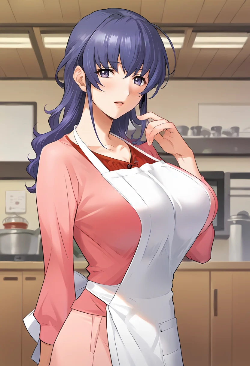 score_9, score_8_up, score_7_up, source_anime, masterpiece, 1girl, ct_haruka, blue hair, medium hair, large breasts, pink shirt, long sleeves, apron, light pink long skirt, looking at viewer, indoors, japanese home, hand up,<lora:HarukaOgihara_Pony_ct:1>