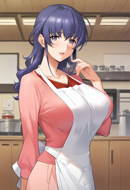 score_9, score_8_up, score_7_up, source_anime, masterpiece, 1girl, ct_haruka, blue hair, medium hair, large breasts, pink shirt, long sleeves, apron, light pink long skirt, looking at viewer, indoors, japanese home, hand up,<lora:HarukaOgihara_Pony_ct:1>
