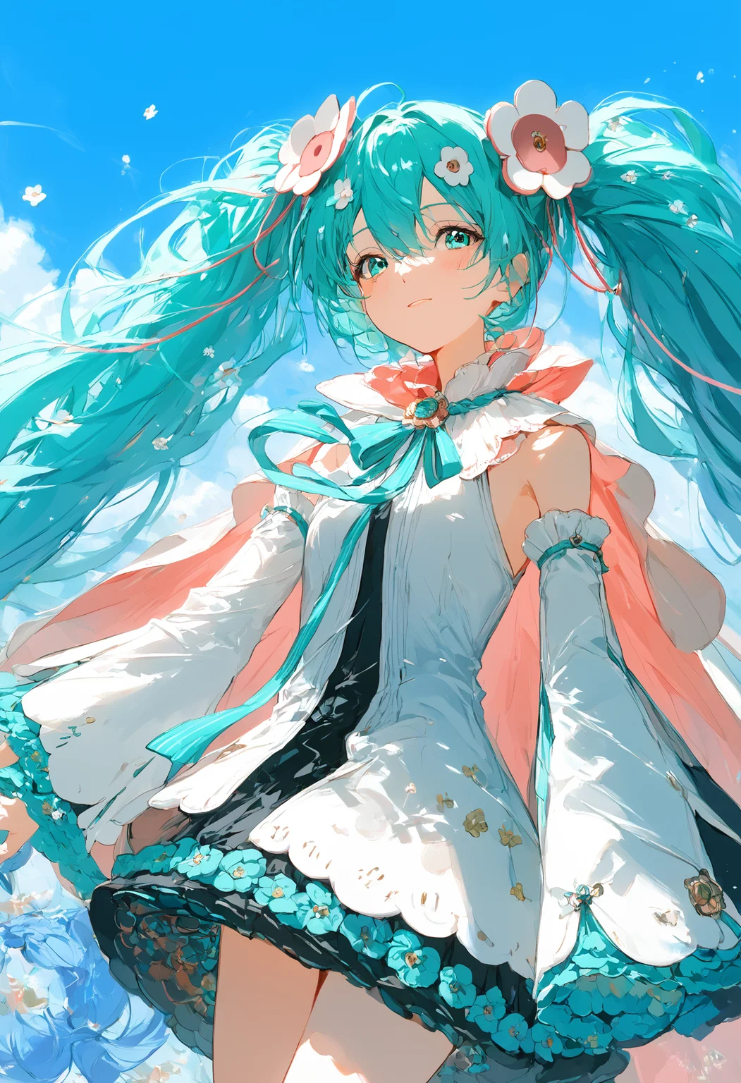 score_9,score_8_up,score_7_up,,source_anime BREAK, 1girl, solo,, MHM21, hatsune miku, hair ornament, flower, twintails, magical mirai miku, long hair, detached sleeves, aqua hair, very long hair, wide sleeves, medallion, white sleeves, aqua ribbon, aqua eyes, cape, hair between eyes, flower under dress, s1_dram, from below, blue sky<lora:ãã¸ã«ã«ãã©ã¤2021:1>,<lora:S1_Dramatic_Lighting_v2:0.8>
