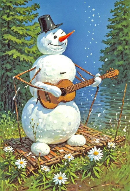soviet postcard, winter, midsummer, midsommar, melting snowman, detailed, best quality, hdr, 8k