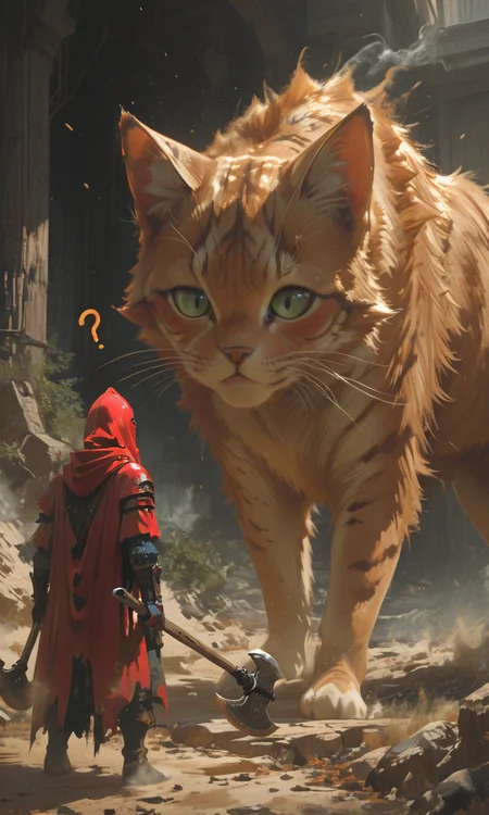 what's up?, here comes joh... cat :3, axe wielding psychopath, looking at each other, <lora:- iLL - master_of_slob_omnom_V1.0-step00011500:.6>, <lora:BossBattleIL:0.8>,