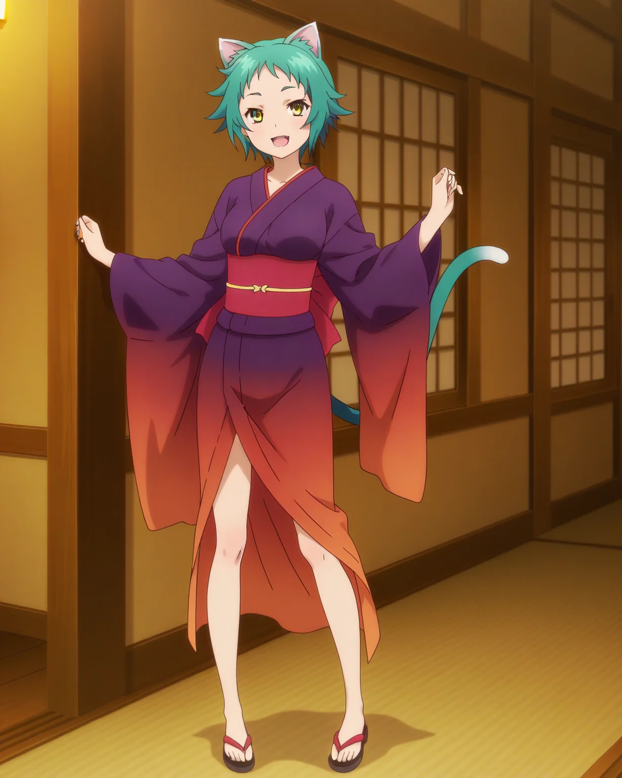 (kimono:1.50),
ys-yaya, green hair, short hair, yellow eyes,
1girl, (solo:1.60), skinny,
(masterpiece, best quality, amazing quality, absurdres, high quality, highres, masterpiece),
happy,
full body
,
(:0.90),
BREAK,
,
,
(anime coloring),
medium breasts,
cat ears, cat tail
<lora:ys-yaya-V01-illXL:0.90>