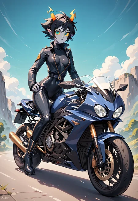 ZPDXL3, score_9, score_8_up, score_7_up, rating_unsafe, solo, masterpiece, female troll, slim, small waist, grey skin, pointy ears, round face, wide eyes, black freckles, black hair, short hair, scruffy hair, turquoise eyes, yellow sclera, straight orange horns, open top black tight leather bodysuit with turquoise stripes, open top motorcycle bodysuit with zipper, military boots, riding motorcycle, cr0tchr0ck3t, motorcycle, ground vehicle, motorcycle,