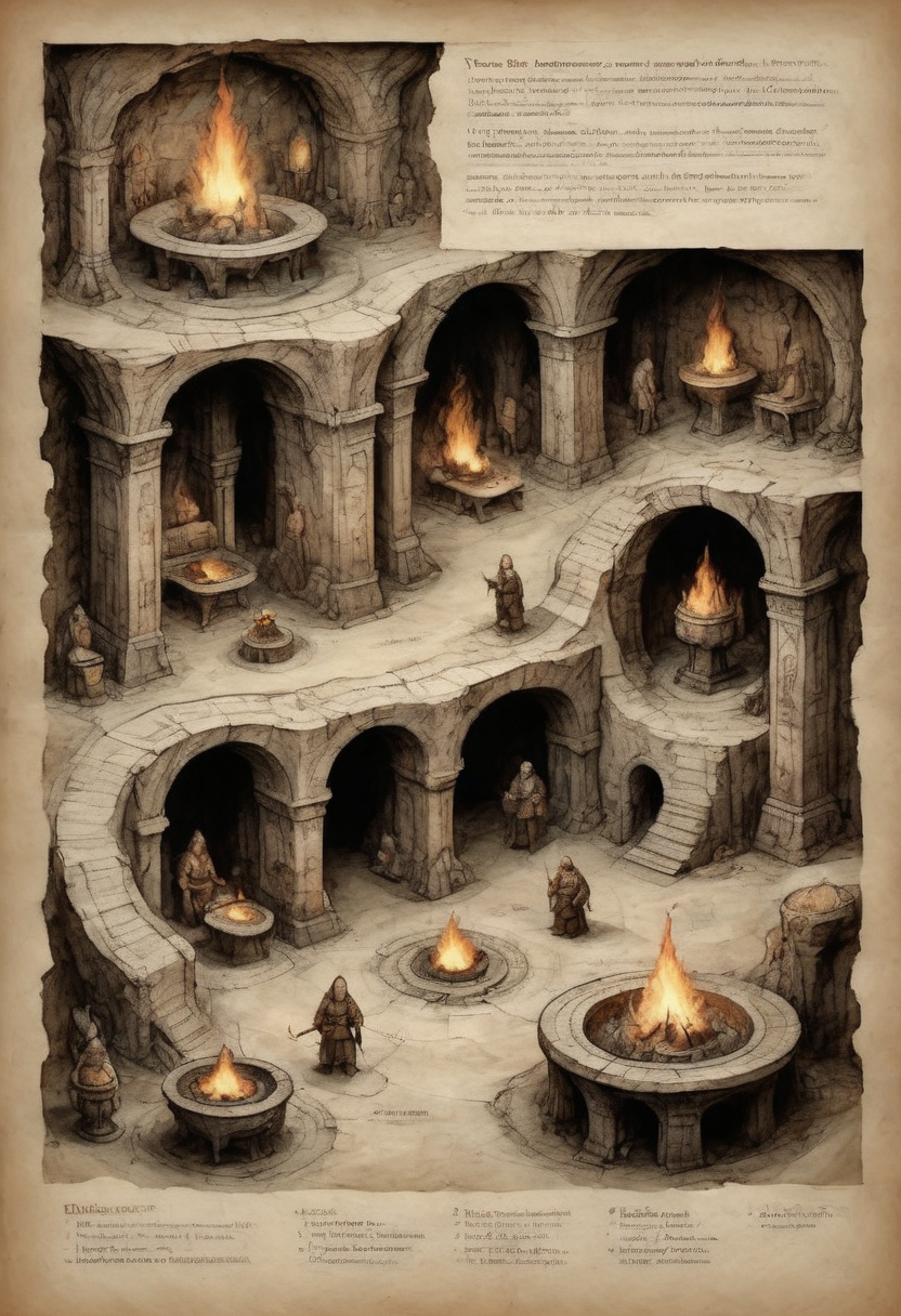on parchment dwarven subterranean underground passages and vast halls marble columns fire braziers elaborate carvings vast scale with tiny dwarf figures busy fantasy cave cities homes and smithies and king's palace elaborate border with voynich marginalia