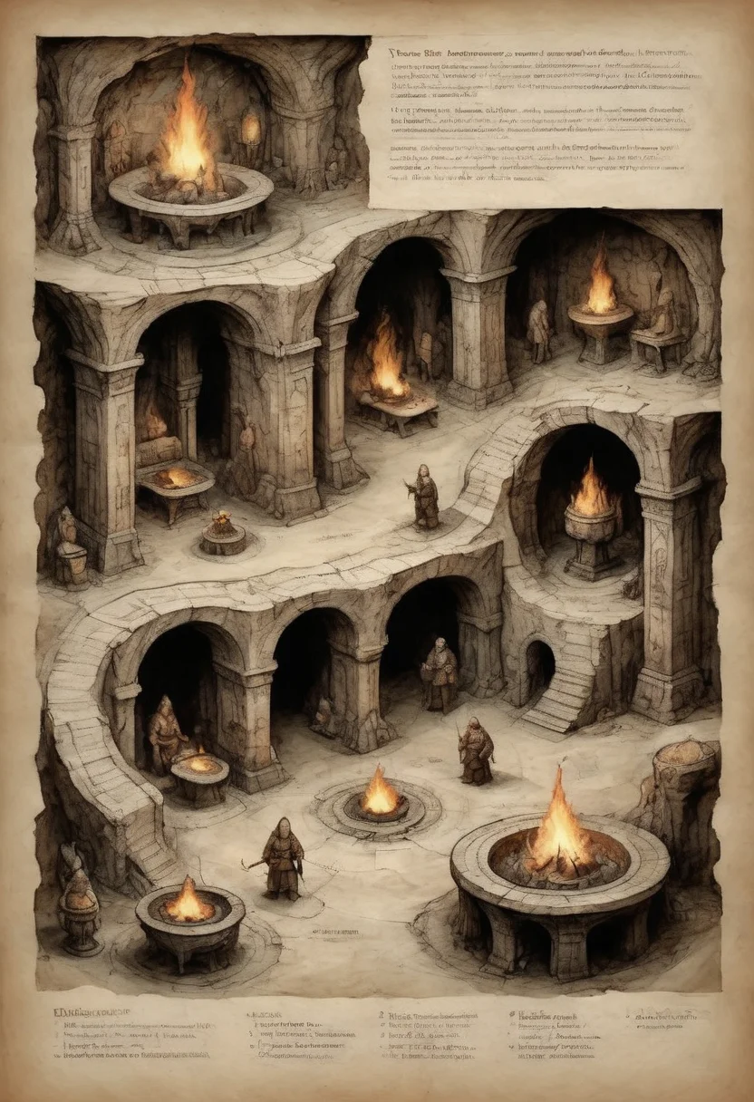 on parchment dwarven subterranean underground passages and vast halls marble columns fire braziers elaborate carvings vast scale with tiny dwarf figures busy fantasy cave cities homes and smithies and king's palace elaborate border with voynich marginalia