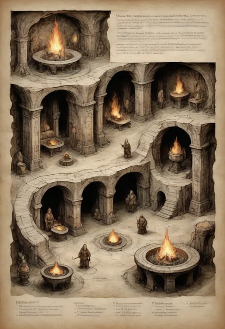 on parchment dwarven subterranean underground passages and vast halls marble columns fire braziers elaborate carvings vast scale with tiny dwarf figures busy fantasy cave cities homes and smithies and king's palace elaborate border with voynich marginalia