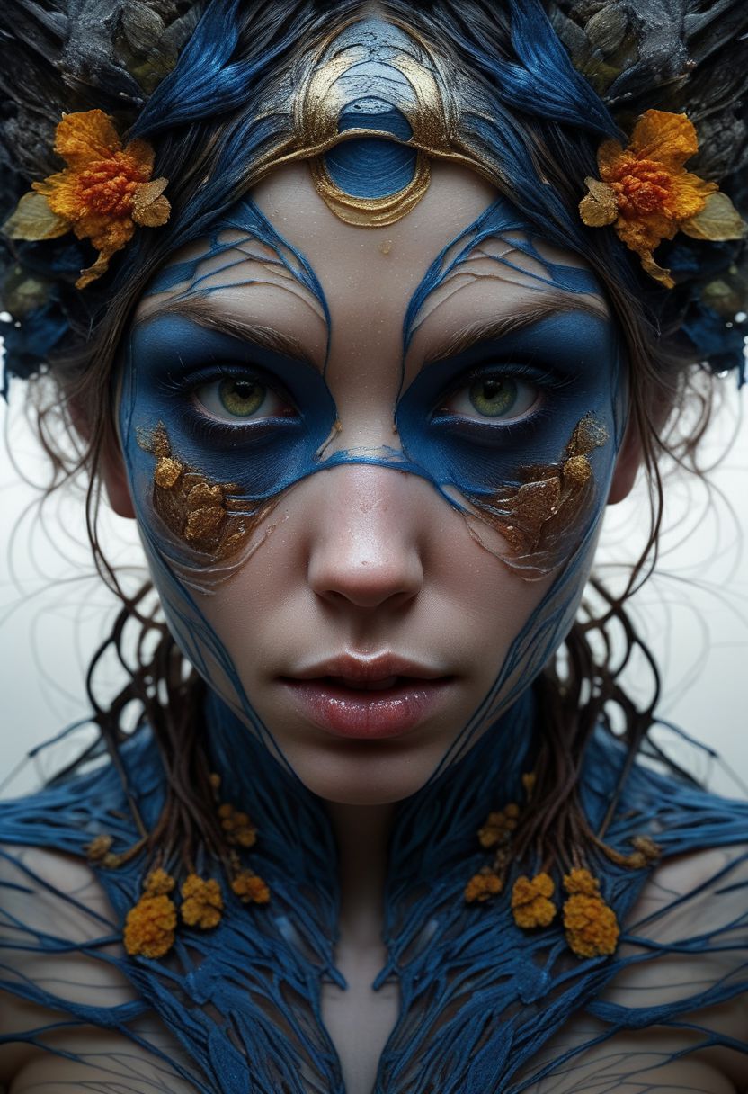 Close-up face, messy make-up, mysterious girl in traditional clothing, goddess, alluring, by Minjae Lee, Carne Griffiths, Emily Kell, Steve McCurry, Geoffroy Thoorens, Aaron Horkey, Jordan Grimmer, Greg Rutkowski, amazing depth, double exposure, surreal, intricately detailed, bokeh,  perfect balanced, deep fine borders, artistic photorealism , smooth,  great masterwork by Suiras  <lora:add-detail-xl:2>  <lora:Double_Exposure:0.5>