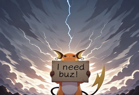 ((masterpiece, best quality, highly detailed, 8k,)) Raichu holding a sign, pokemon, stormy clouds, electricity, dramatic lighting, need_buzz, holding sign