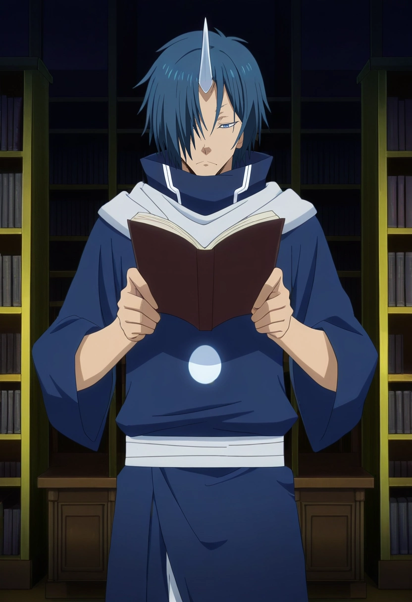 masterpiece, best quality, anime screencap, official style, anime coloring, cowboy shot, 1boy, solo, male focus, <lora:souei_tensura_ilxl:0.92>, souei_tensura, blue hair, blue eyes, hair over one eye, single horn, scarf, japanese clothes, haunted library, ghost books, shadow corners, dusty shelves, reading pose, wary expression, moonlight, ,