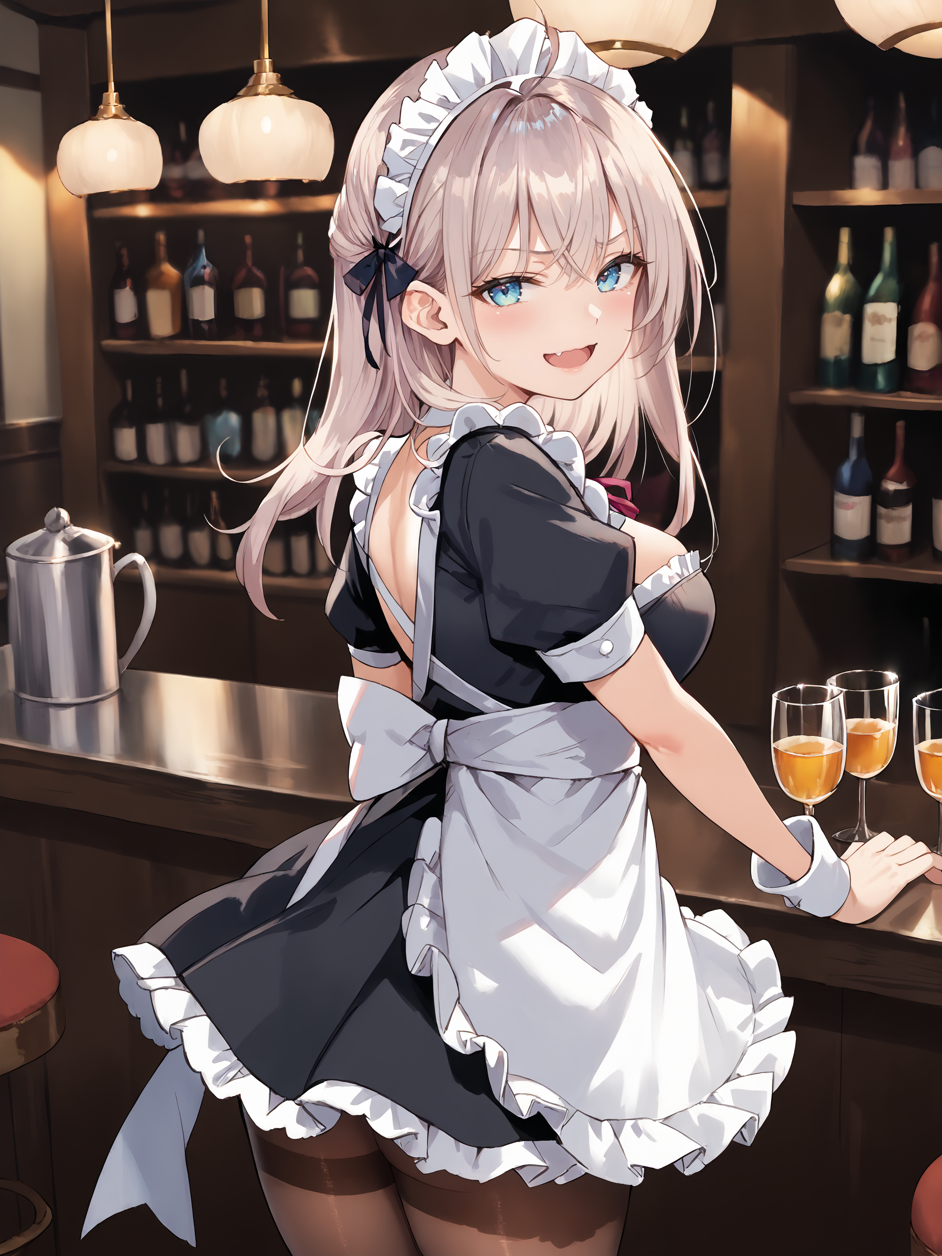 score_9, score_8_up, score_7_up, source_anime, 1girl, alisa mikhailovna kujou, solo, maid, maid headdress, maid apron, smile, embarrassed, pantyhose, open mouth, parted lips, cowboy shot, bar \(place\), indoors, depth of field, smug, open mouth, looking at viewer  <lora:Char-Alis_Mikhailovna_Kujou-pony-V1:1>