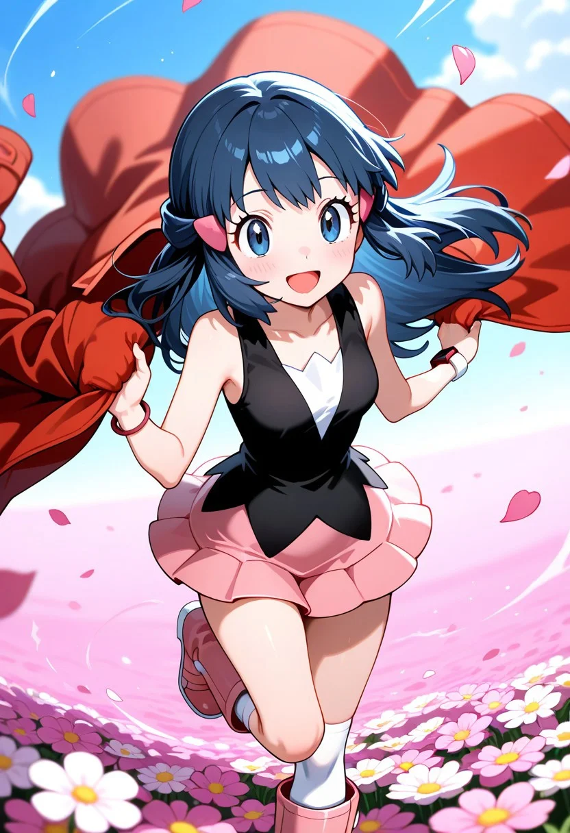 1girl,dawn_(Pokemon),solo,flower field,fluttering petals,happy,one leg bent upward, as if in a light hop,(drifting unworn coat:1.5),pink buttons on placket,front right placket Peacoat,Pokétch with left sleeve tab,(black sleeveless dress),black long hair,pink hairclip,white kneehighs,pink boots,pink miniskirt,perfection style,masterpiece,best quality,amazing quality