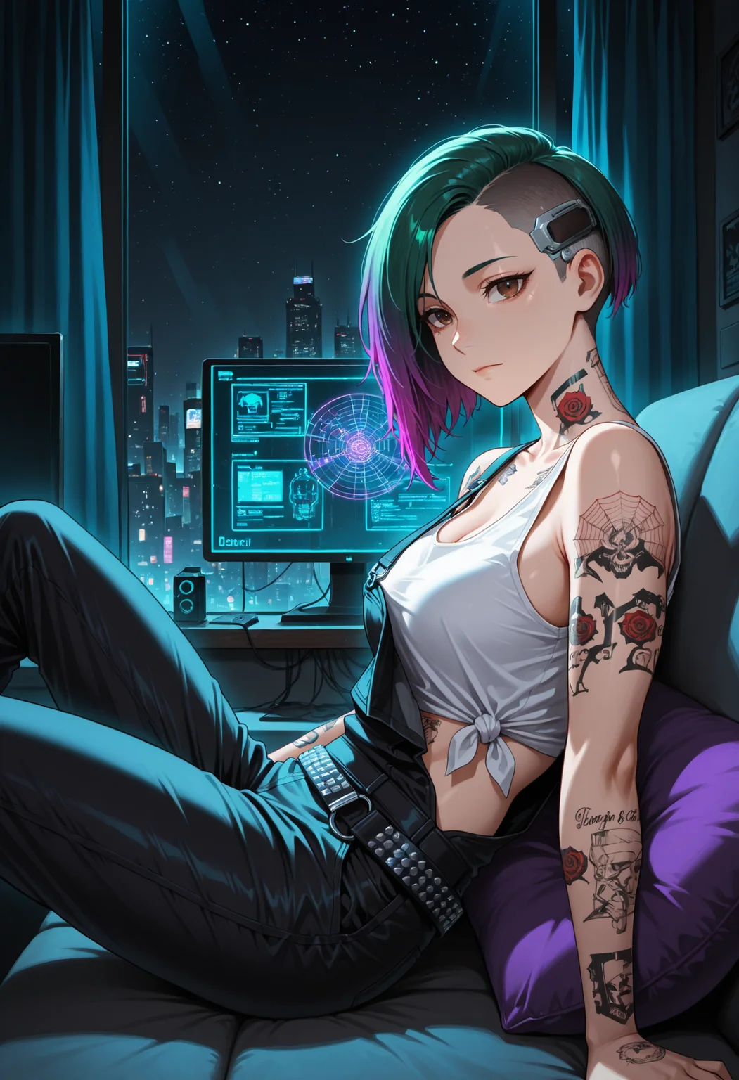masterpiece, best quality, highres, absurdres, very awa, 1girl, solo, jdalvrz, neck tattoo, short hair, gradient hair, green hair, purple hair, asymmetrical hair, undercut, sidecut, , indoors, couch, sitting, from side, reclining, brown eyes, arm tattoo, black overalls, white tank top, crop top, tied shirt, bare shoulders, studded belt, living room, window, curtains, cushion, on couch, looking at viewer, night, starry sky, arm support, closed mouth, city lights, neon lights, (cyberpunk, science fiction), hologram, wire, monitor, glowing