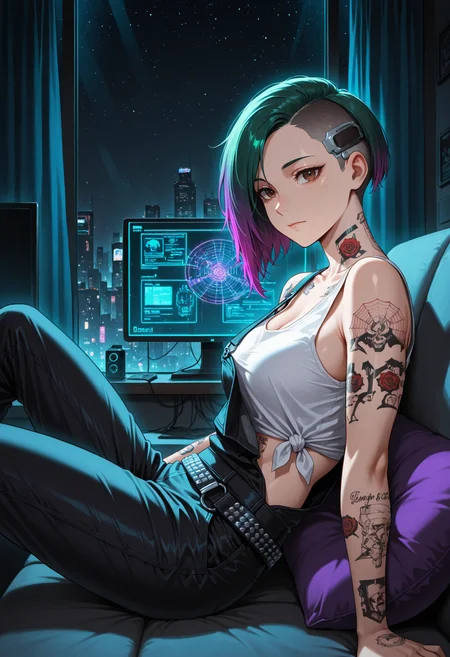masterpiece, best quality, highres, absurdres, very awa, 1girl, solo, jdalvrz, neck tattoo, short hair, gradient hair, green hair, purple hair, asymmetrical hair, undercut, sidecut, , indoors, couch, sitting, from side, reclining, brown eyes, arm tattoo, black overalls, white tank top, crop top, tied shirt, bare shoulders, studded belt, living room, window, curtains, cushion, on couch, looking at viewer, night, starry sky, arm support, closed mouth, city lights, neon lights, (cyberpunk, science fiction), hologram, wire, monitor, glowing