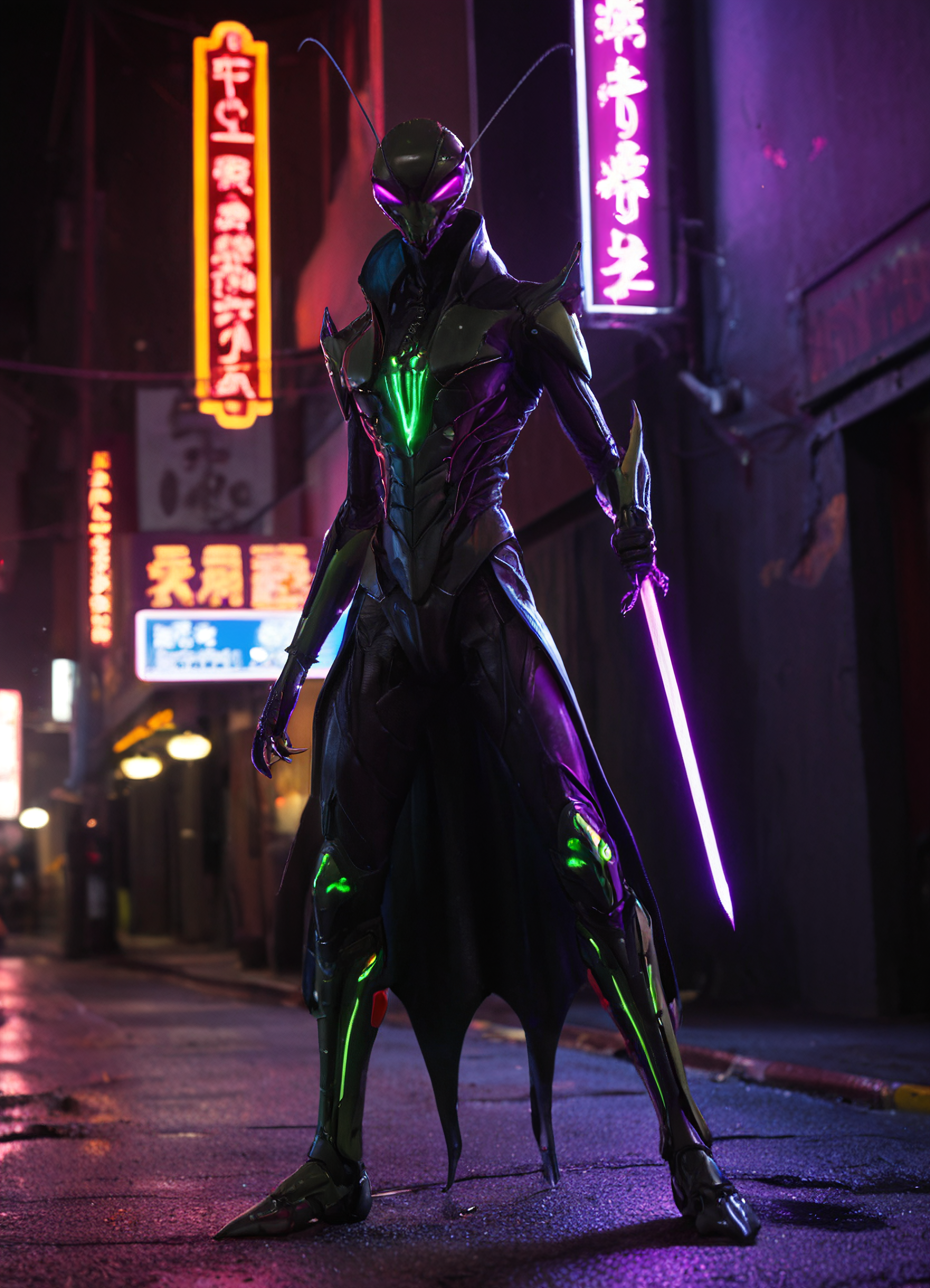 praying mantis, bipedal insectoid assassin, standing upright with sharp angular limbs and folded forearms, sleek matte black chitin armor catching streaks of neon light, glowing compound eyes barely visible under shadowed cowl, backlit by towering neon sign in bold kanji, deep purple and crimson hues reflecting off wet chitin, blades sheathed beneath bioluminescent arm plating, cinematic close-up portrait with dramatic rim lighting, cyberpunk alley, steam rising in foreground <lora:mantis_lora_f16:1.0000000000000002>