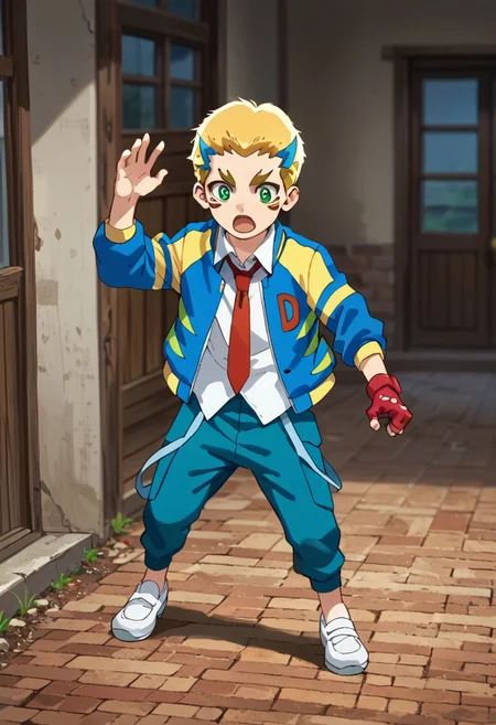score_9, score_8_up, score_7_up, score_6_up, highly detailed,Good Colors, Glowing Skin, Good Shading, Good Eyes, Contrast Shading, 1boy,cute boy, male focus, solo, correct anatomy, Dante, 1boy, male_focus, yellow hair, blue hair, multicolor hair, green eyes, facial mark, white shirt, yellow and blue jacket, red tie, blue pants, white shoes, red glove, surprised, open mouth