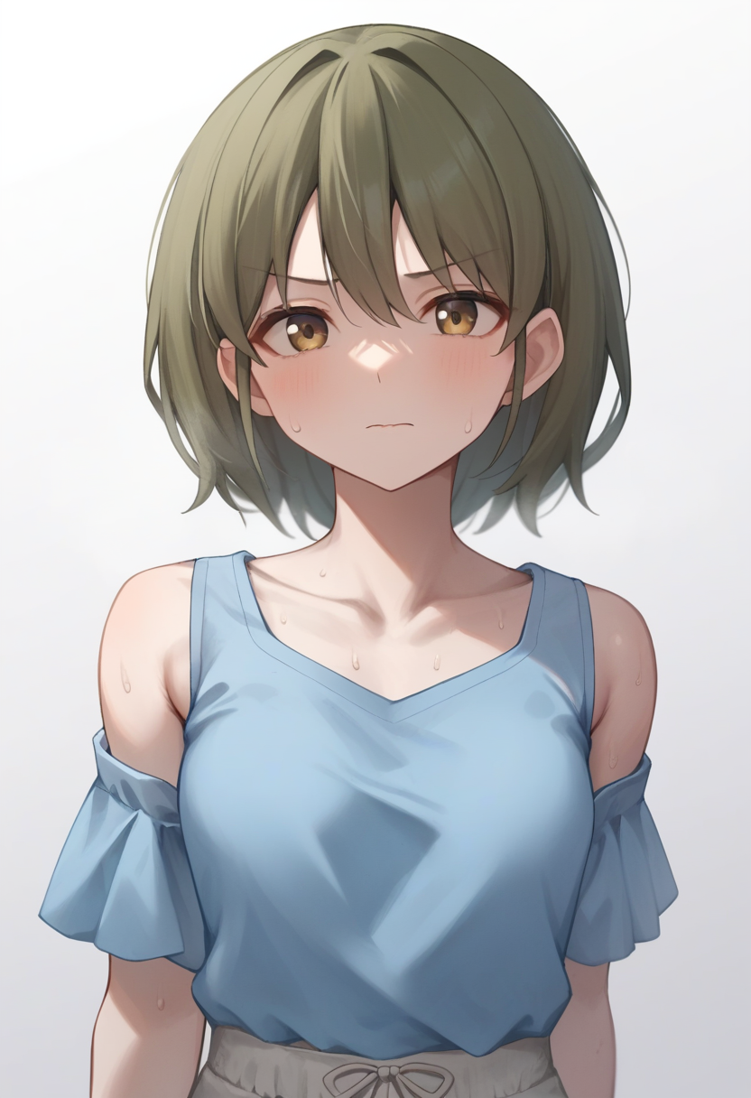 score_9,score_8_up,score_7_up,<lora:nanakusa_nichika_pony:1>,simple_background, highres, nanakusa_nichika, closed_mouth, solo, gradient_background, white_background, 1girl, shoulder_cutout, small_breasts, commentary, upper_body, collarbone, sweat, light_blush, blue_shirt, shorts, looking_at_viewer