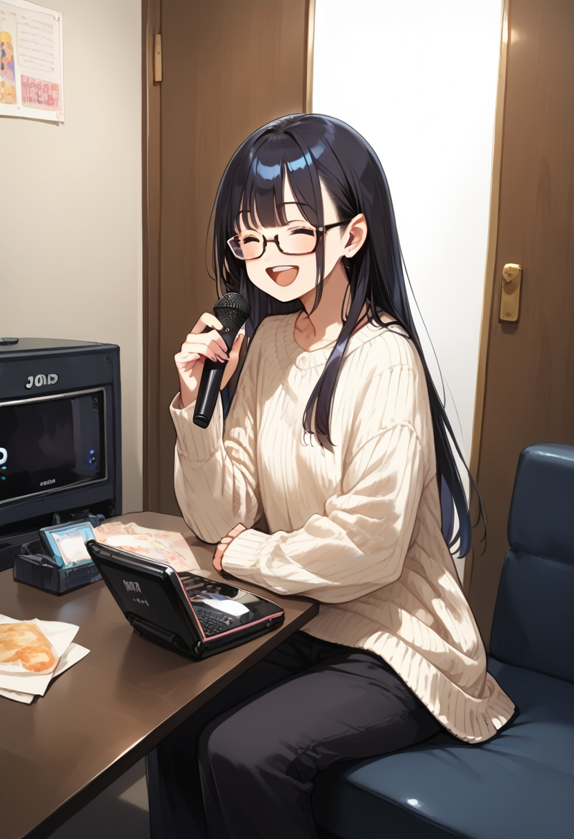 score_9, score_8_up, score_7_up, rating_safe, masterpiece, best quality, absurdres, unity 8k wallpaper, official art, official style, source_anime, uncensored, game cg, megami magazine,
1girl, solo, glasses, black hair, long hair, ribbed sweater, pants, happy, smile, closed eyes, open mouth, holding microphone, karaoke, sitting,
karaokeroom, scenery, table, door, indoors, couch, screen,joypad, microphone, television,
 <lora:karaoke_room_PONY_V3A:0.8>