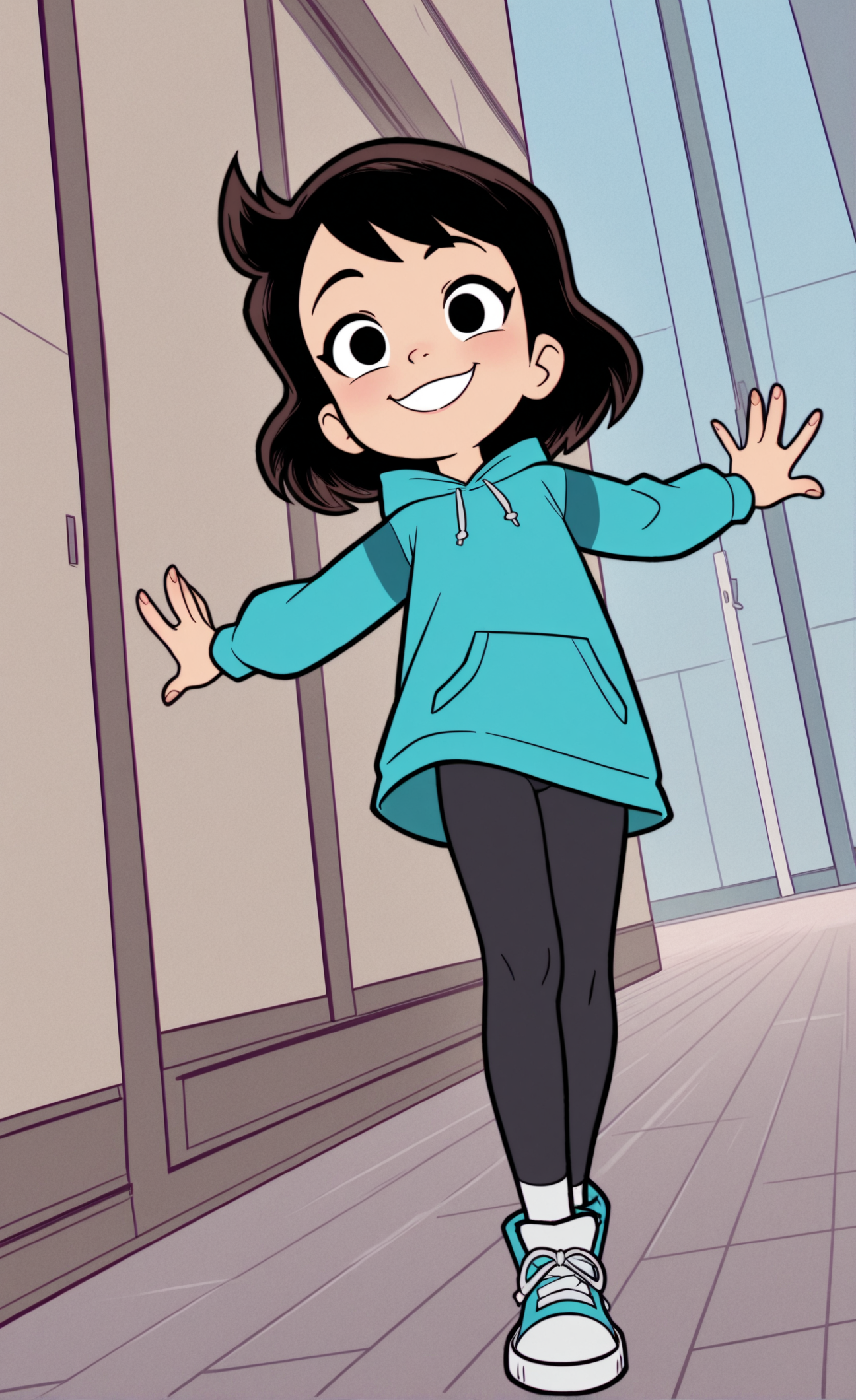IllusP0s, perfect, best quality, high quality, masterpiece, beautiful background, ((sfw)), 1girl, solo, solo focus, Moongirl style, dynamic angle, cute clothes, (cute), good hands, smiling, (bright)  <lora:Moongirl__Devil_Dinosaur_Stye:1>