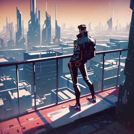 score_9, score_8_up, score_7_up, score_6_up, score_9, score_8_up, score_8, ultra-detailed, SH_Style, RobVal, 1man, seer, apex, apex legends, futuristic city, saturated colors, long jacket, full body, rooftop, <lora:Sheeps_Styles:1.0>