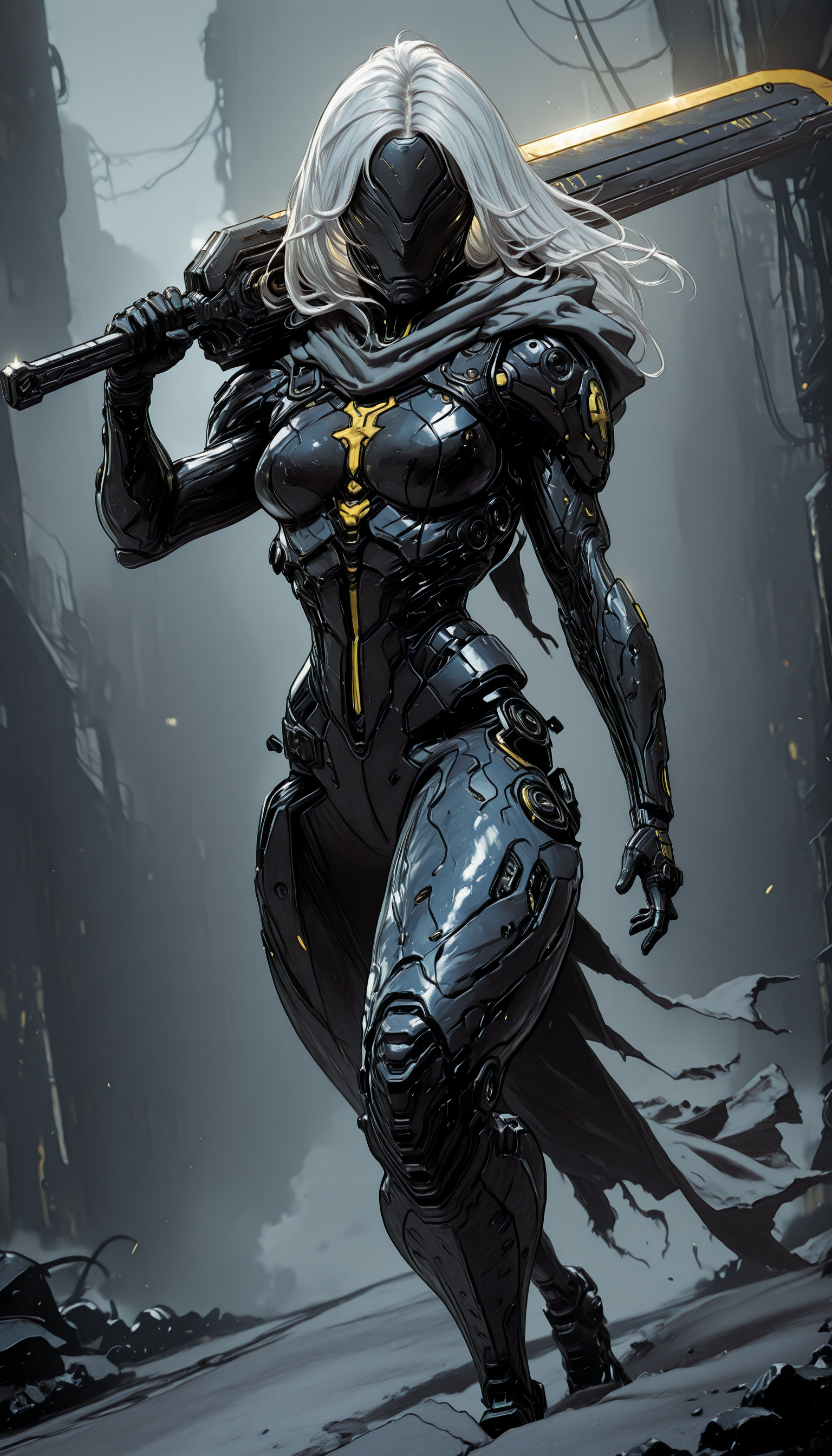 An4chr0t3ch,, covered eyes, headgear,,    holding weapon, fighting stance, holding  buster sword,huge weapon,, WCG-Illu,, kaarea masterpiece, best quality, high quality, ultra-detailed, realistic,  traditional media, vivid_color, high contrast, speed lines, move_effects, action Create a detailed digital artwork of a futuristic armored figure standing in a desolate, industrial setting. The figure is clad in sleek, dark metallic armor with a cross emblem on the chest and a flowing cape that billows behind them. The armor is adorned with various mechanical components, and the figure wields a long, sharp weapon with a metallic sheen. The background is a muted gray, with a structure that appears to be part of a larger industrial facility, and there are yellow and black stripes on the ground. The overall color palette is dominated by shades of gray, black, and silver, with splashes of white and yellow. The style of the artwork leans towards a cyberpunk or dystopian theme, with the figure exuding a sense of readiness and vigilance. 1girl, solo, long_hair, breasts, holding, full_body, white_hair, weapon, sword, holding_weapon, armor, mask, bodysuit, holding_sword, science_fiction, walking, over_shoulder, cyborg, weapon_over_shoulder, cyberpunk, An4chr0t3ch,, covered eyes, headgear,,    holding weapon, fighting stance, holding  buster sword,huge weapon,, WCG-Illu,, kaarea