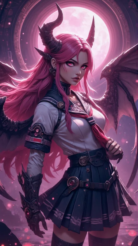 a professional photo shot of a breathtakingly beautiful caucasian woman, 25 yo, long pink hair with a herringbone braid, large demon wings, ((no demon horns)), (japanese school girl uniform), pale skin, diamond shaped face, She has a glamour and slender body with narrow hips, magical circles as background, magical lights, light particles, dungeon, <lora:Dever_Flux_Enhancer:0.47> <lora:breast-size4:-1.65> <lora:Hand v2:1> Perfect hand <lora:pose_dev_f1:0.75> <lora:sameface2:-0.2> <lora:Anime v1.3:1.2> anime style <lora:Neon_Cyberpunk_Papercut_1_FLUX:1> mad-pprct1