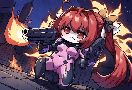 score_9, score_8_up, score_7_up, score_6_up, score_5_up, score_4_up, source_anime, uncensored, zPDXLxxx, <lora:intricate_details:1> intricate_details_xl, outdoors, night sky, fire, burning, explosion, burning building, gun, under fire, fleeing, corpse in background, firing, dutch angle,
<lora:Muv_Luv_Kagami_Sumika_v1.0-000040:0.8> kagami_sumika, solo, fortified suit, pink bodysuit, skin tight, medium breasts, hair bow, yellow bow, hair ribbon, 1girl, solo, long hair, red hair, ponytail, antenna hair, hair intakes, (shaded face:1.5), (frown:1.05), (angry:1.2), furrowed brow,
<lora:Doro_X_PDXL_V1:0.95> doro, creature, chibi, no humans, four legs, solid circle eyes, no pupils in a cyberpunk outfit. Futuristic, dystopian, metallic, neon