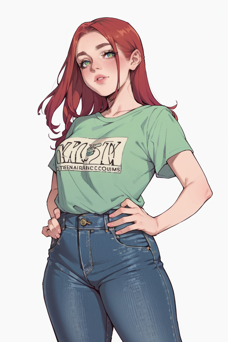 <lora:RealMix25:1>, score_9, score_8_up, score_7_up, score_6_up, score_5_up, rating_questionable, source cartoon
1girl, pretty face, pretty eyes, detailed eyes, HD eyes, thick thighs
hands on hips, standing, cowboy shot
looking at viewer, blush, eyebrows, long hair, red hair, green eyes jeans, green t-shirt, boots, high waisted jeans
simple background, white background
