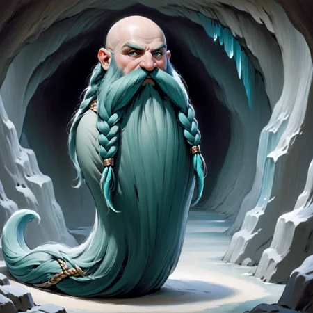 Harry_Dwarf, long Teal beard, braided moustache, bald, bangles, <lora:Harry_Dwarf_1.5:1>, Standing in a crystal cave