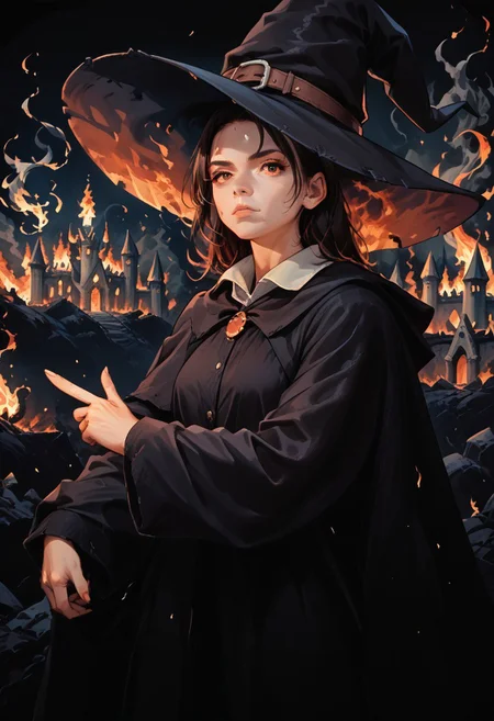 lazyup7, allori, 1girl, source_cartoon, solo, dark background, pointing, looking at viewer, facing viewer, witch, witch hat, fine art parody, burning castle in the distance