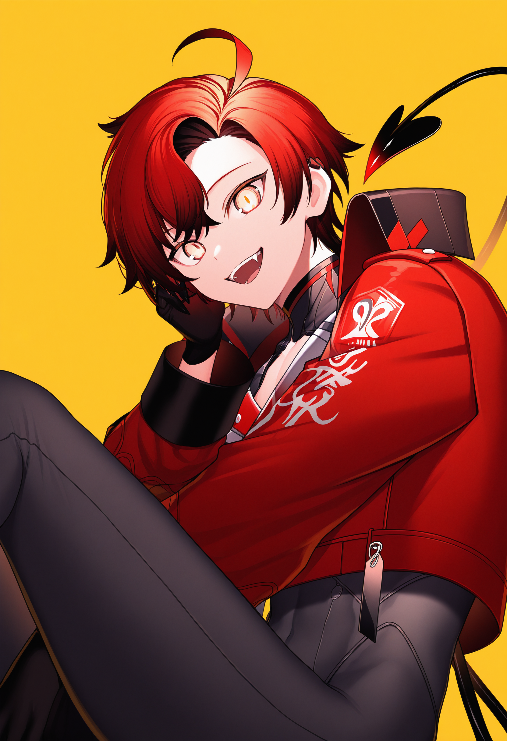 machina x flayon, 1boy, male focus, red hair, solo, black gloves, fangs, smile, open mouth, red jacket, short hair, demon tail, orange eyes, long sleeves, ahoge, red eyes, yellow background,
looking at viewer, from below, sitting, split theme, high contrast, colorful,
masterpiece, best quality, very aesthetic, absurdres
<lora:holostars_allmems_illustrious_v1:1>
<lora:illustrious_noobai_epsilon_pred_1_masterpieces_v1:1>