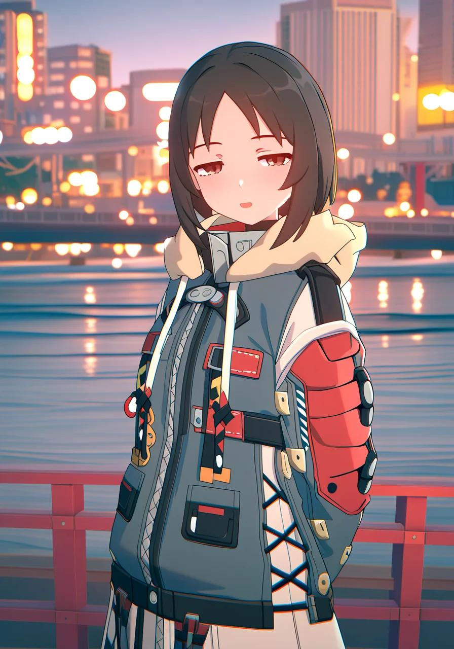 newest, masterpiece, best quality, <lora:zzz3d_vpred:0.8>, (3d:0.8), simple background, blurry background, very aesthetic, mixed media, photo background, very awa, perfect composition
BREAK
outdoors, bridge, river, city lights, night, cityscape,
BREAK
1girl, solo, zenless zone zero, kasuga ayumu, full_body, standing, half-closed eyes, looking at viewer, parka, brown hair, brown eyes, parted bangs, azumanga daioh,