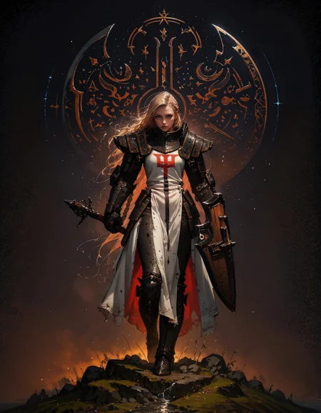 score_9, score_8_up, score_7_up, score_6_up, score_5_up, score_4_up,  masterpiece, high quality, full body, solo, crsadr, knight, pauldrons, full armor, long hair, gauntlets, shield, pelvic curtain, holding weapon, flail, braid, side cut, panoramic, white fabric, (simple background, black background:1.2)