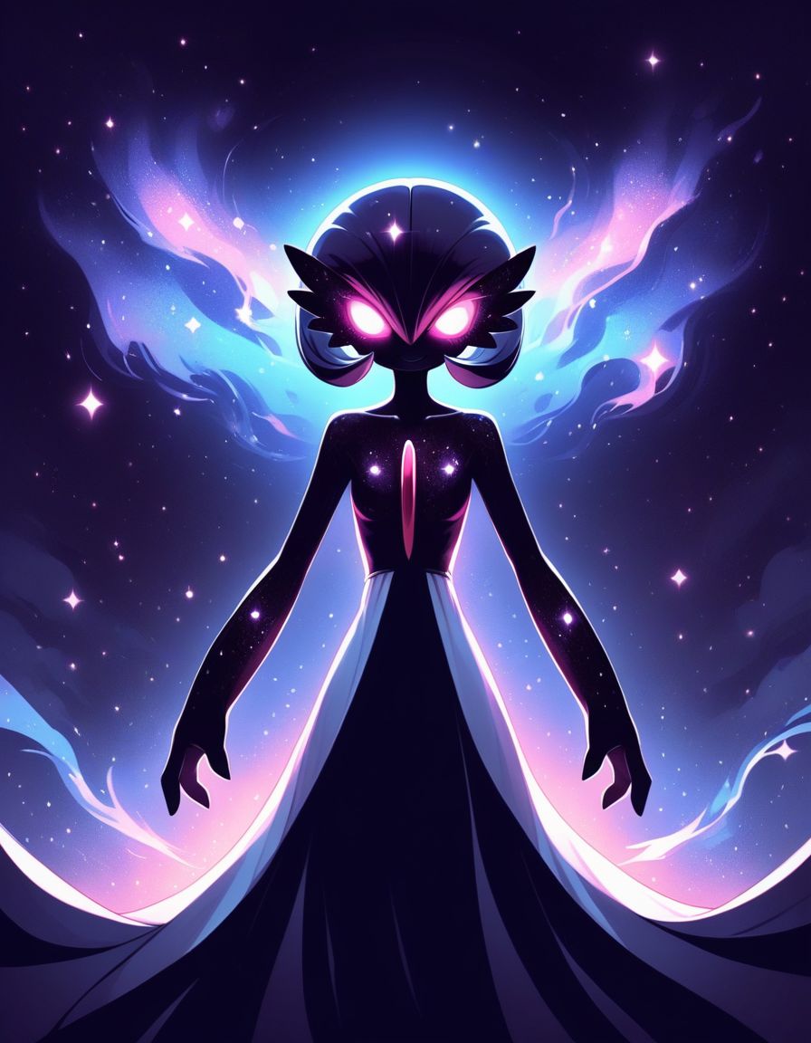 score_9,score_8_up,score_7_up,   <lora:Navi_Celestial_Skin_PonyXL:1.1> nv-celestialskin  ,   colored skin,  void cosmic body, deep black skin, silhouette, nebula,  
black eyeliner, gardevoir, pokemon \(creature\),two-tone_skin, glowing eyes, perspective distortion, solo, looking at viewer, smile, small breasts,  blue theme, black background, glowing hair, glowing eyes, energy aura , light particles, long skirt, bloom effect,