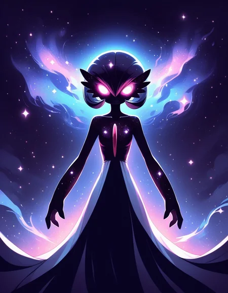 score_9,score_8_up,score_7_up,   <lora:Navi_Celestial_Skin_PonyXL:1.1> nv-celestialskin  ,   colored skin,  void cosmic body, deep black skin, silhouette, nebula,  
black eyeliner, gardevoir, pokemon \(creature\),two-tone_skin, glowing eyes, perspective distortion, solo, looking at viewer, smile, small breasts,  blue theme, black background, glowing hair, glowing eyes, energy aura , light particles, long skirt, bloom effect,