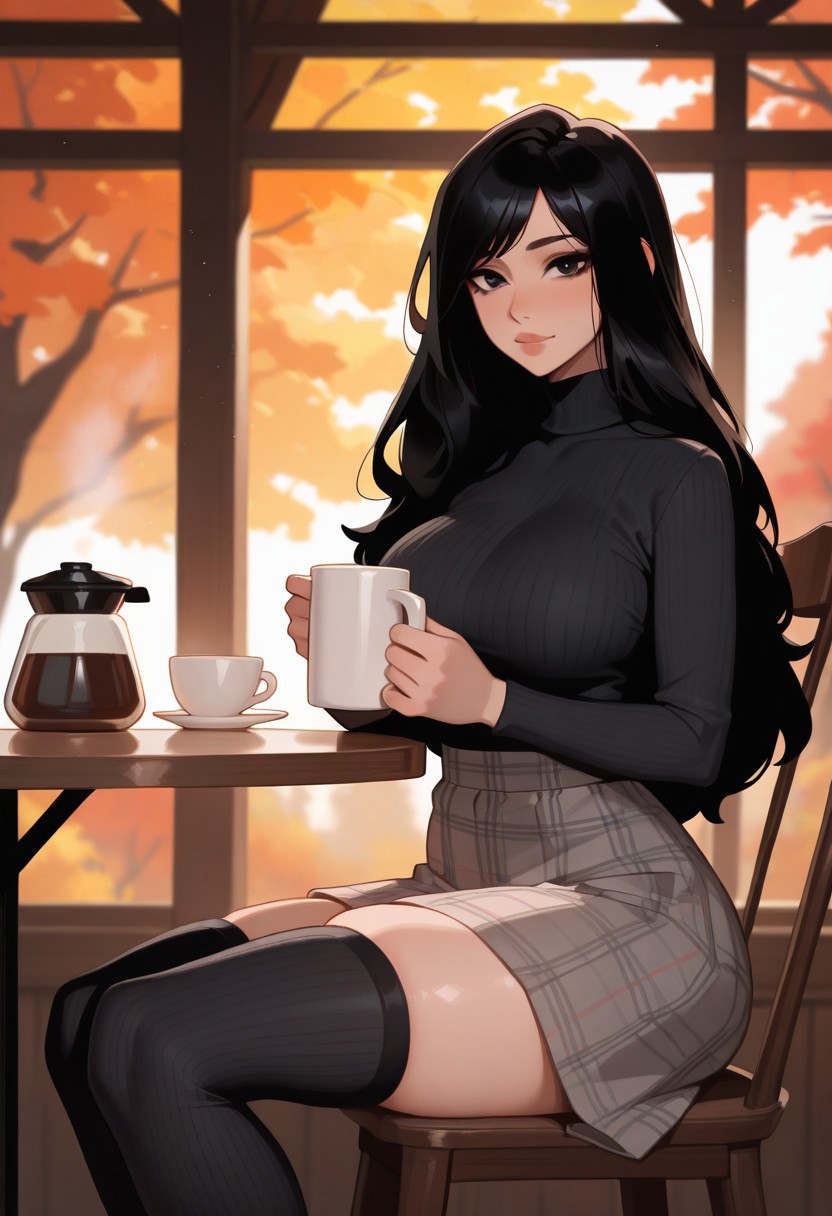 masterpiece, very aesthetic, absurdres, amazing quality, intricate detail, highly detailed, light particles, volumetric lighting, background blurred, depth of field, soft textures, fantasy, bloom, soft lighting, warm tones, 
1woman, adult female, tall body, slim body, black hair, eyes, lips, nose, long legs, , long hair, black turtleneck, grey plaid skirt, black_thighhighs, ribbed_thighhighs,
coffee, comfy, autumn, cafe, 
looking at viewer,
