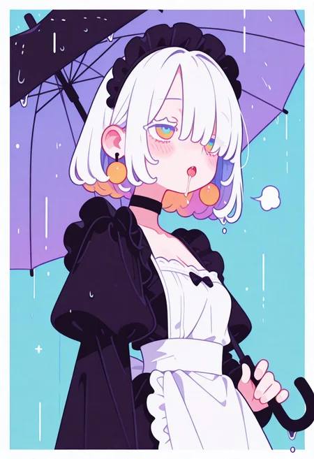 masterpiece, best quality, good quality, very aesthetic, absurdres, newest, 8K, viewed from side, BREAK side portrait of stunning girl standing, bangs, white hair, bobcut hair, pastel cyan eyes, choker, hair over one eye, small breasts, earrings, ear pierces, ultra detailed decorative victorian gossamer clothes, very short tight black maid dress, maid apron, [[white skin]], multi colored hair, simple pastel aqua background with thick white border, directional lighting, holding umbrella, BREAK half closed eyes, blushing, panting, saliva, (dutch angle), unfocused eyes, subtle fangs peeking out from slightly parted lips, tongue loosely hanging out, distant gaze, emotionless look, (dazed, drooling), BREAK heavy breathing, steamy, seductive atmosphere, slutty, aroused, breast awe, tiny cleavage, saliva trail, extremely detailed eyes, Raised eyebrows, (rolling eyes), white thick eyelashes, white long eyelashes, 
wet, wet clothes, wet hair,
ultra-realistic, Flatline, Flat vector illustration, haiz_ai, no lineart, no outline,
heavy-rain, rain,