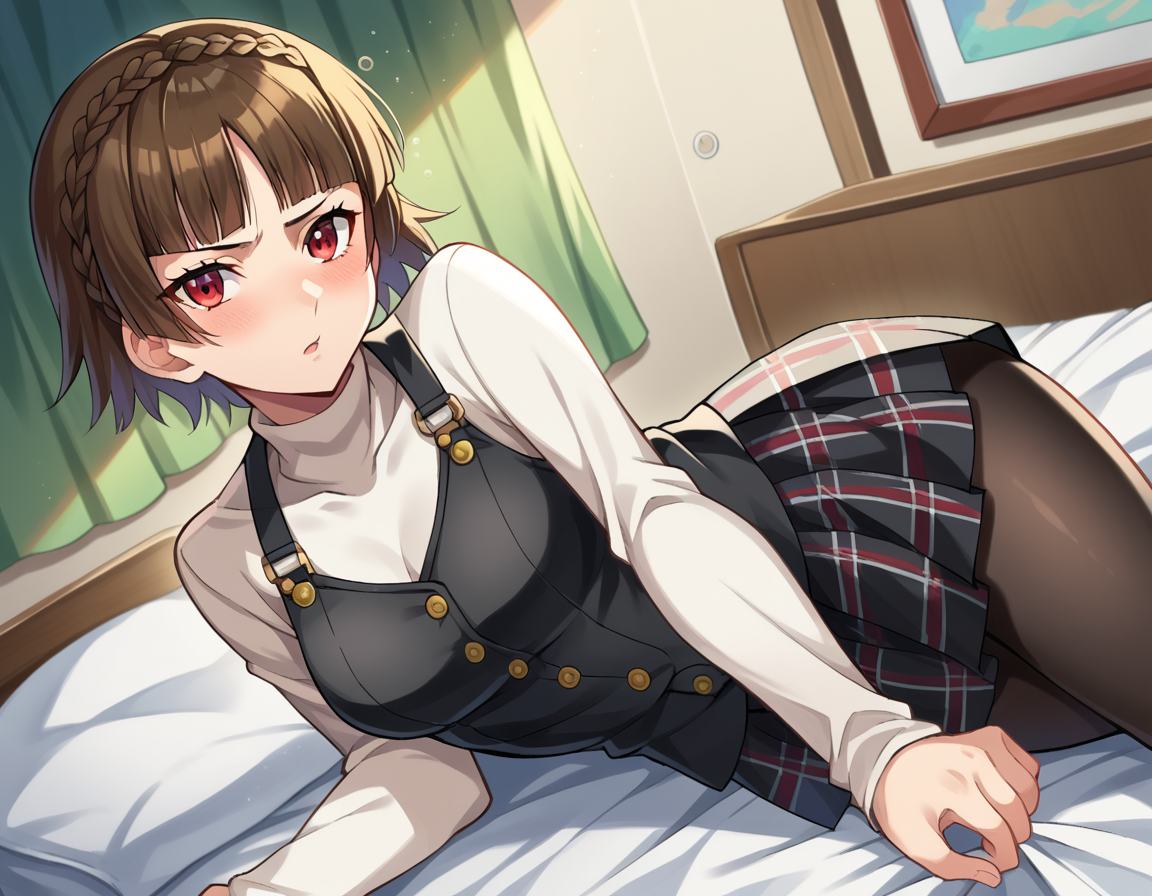 score_9, score_8_up, score_7_up, source_anime,
makotonijima, <lora:makoto-nijima-ponyxl-lora-nochekaiser:1>
makoto nijima, blunt bangs, braid, brown hair, crown braid, red eyes, short hair,
black pantyhose, black skirt, black vest, bow, checkered clothes, checkered skirt, long sleeves, miniskirt, pantyhose, plaid, plaid skirt, pleated, pleated skirt, red bow, school uniform, shirt, shuujin academy school uniform, skirt, sweater, sweater vest, turtleneck, turtleneck sweater, vest, white shirt, white sweater,
indoors, bed, bed room, on side, blush, drunk,
looking at viewer, cowboy shot, dutch angle,