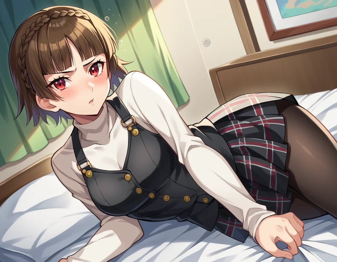 score_9, score_8_up, score_7_up, source_anime,
makotonijima, <lora:makoto-nijima-ponyxl-lora-nochekaiser:1>
makoto nijima, blunt bangs, braid, brown hair, crown braid, red eyes, short hair,
black pantyhose, black skirt, black vest, bow, checkered clothes, checkered skirt, long sleeves, miniskirt, pantyhose, plaid, plaid skirt, pleated, pleated skirt, red bow, school uniform, shirt, shuujin academy school uniform, skirt, sweater, sweater vest, turtleneck, turtleneck sweater, vest, white shirt, white sweater,
indoors, bed, bed room, on side, blush, drunk,
looking at viewer, cowboy shot, dutch angle,