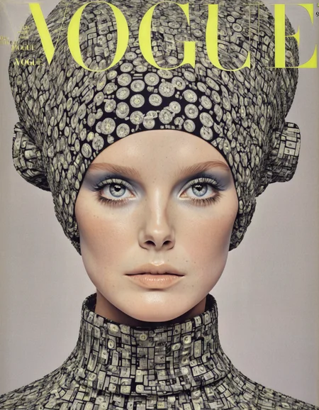 She  tech-inspired fabrics, digital illusions, pixelated prints, virtual reality fashion, cyberspace couture, Wired Fashion Feature, virtual reality headset.,highly intricate,(VOGUE Cover Magazine:1.15),1968, 60s, black letters, hyper detailed, photorealistic,,